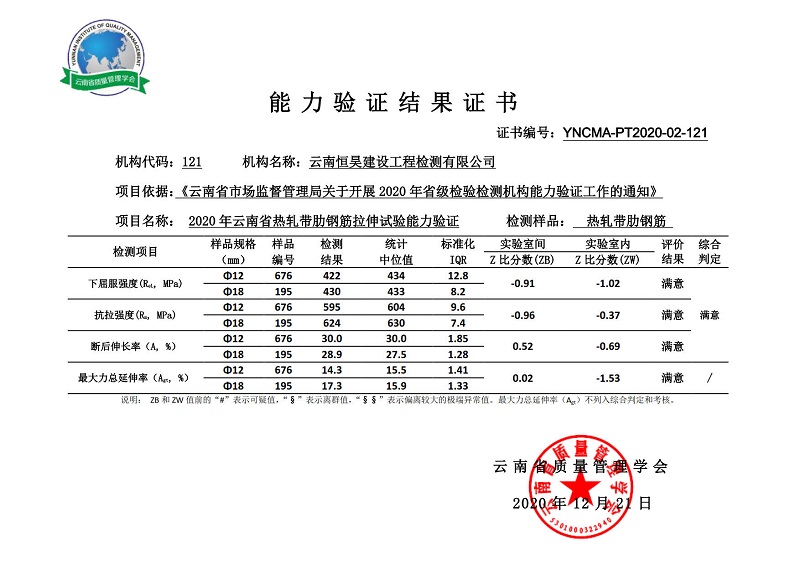 云南恒昊檢測獲  “2020年云南省熱軋帶肋鋼筋拉伸試驗能力驗證”滿意證書