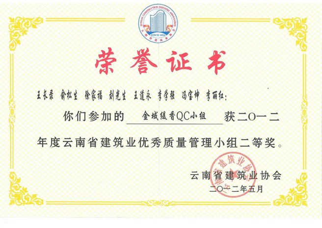 萬科金域緹香QC小組云南省二等獎(jiǎng)